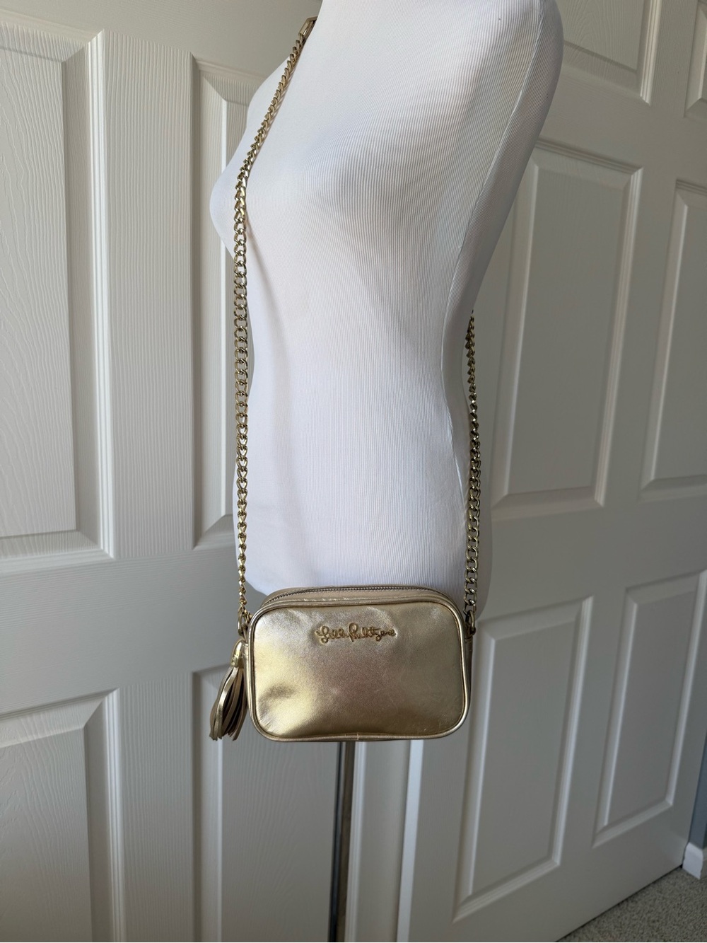 Lilly Pulitzer Metallic Gold Small Crossbody Bag Chain Strap Tassel Zip